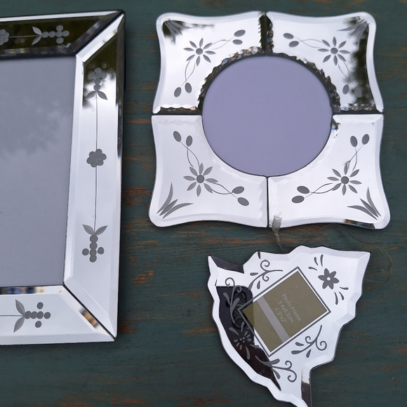 3 Mirror Frames Venetian Glass Beveled Edge Ornate Crystal Etched Flowers Tree - Picture 15 of 16